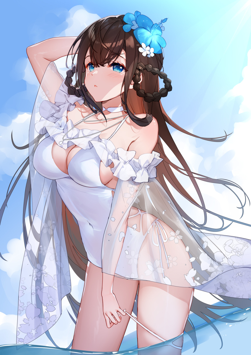 1girl arm_behind_head arm_up bare_shoulders bison_cangshu blue_eyes blue_flower blue_sky braid breasts brown_hair cleavage cloud cloudy_sky commentary_request covered_navel day flower hair_between_eyes hair_flower hair_ornament hair_rings highres large_breasts long_hair one-piece_swimsuit original outdoors see-through sky solo standing swimsuit twin_braids very_long_hair wading water white_flower white_one-piece_swimsuit