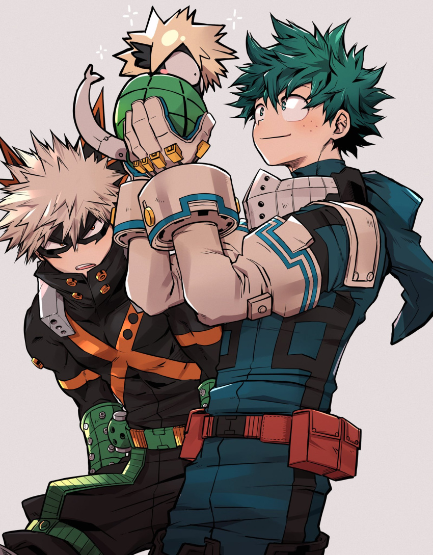 2boys alternate_eye_color aqua_bodysuit aqua_gloves baggy_pants bakugou_katsuki bangs belt belt_pouch black_mask black_pants blonde_hair blush boku_no_hero_academia bright_pupils chiyaya covered_abs curly_hair dynamy_(boku_no_hero_academia) explosive eye_mask freckles gloves green_eyes green_hair grenade hair_between_eyes hands_up happy headgear high_collar highres leaning_forward looking_at_another male_focus midoriya_izuku multiple_boys open_mouth orange_eyes pac-man_eyes pants pouch red_belt sanpaku short_hair simple_background single_horizontal_stripe slouching smile spiked_hair teeth toned toned_male upper_teeth_only utility_belt white_gloves white_pupils wrist_guards x