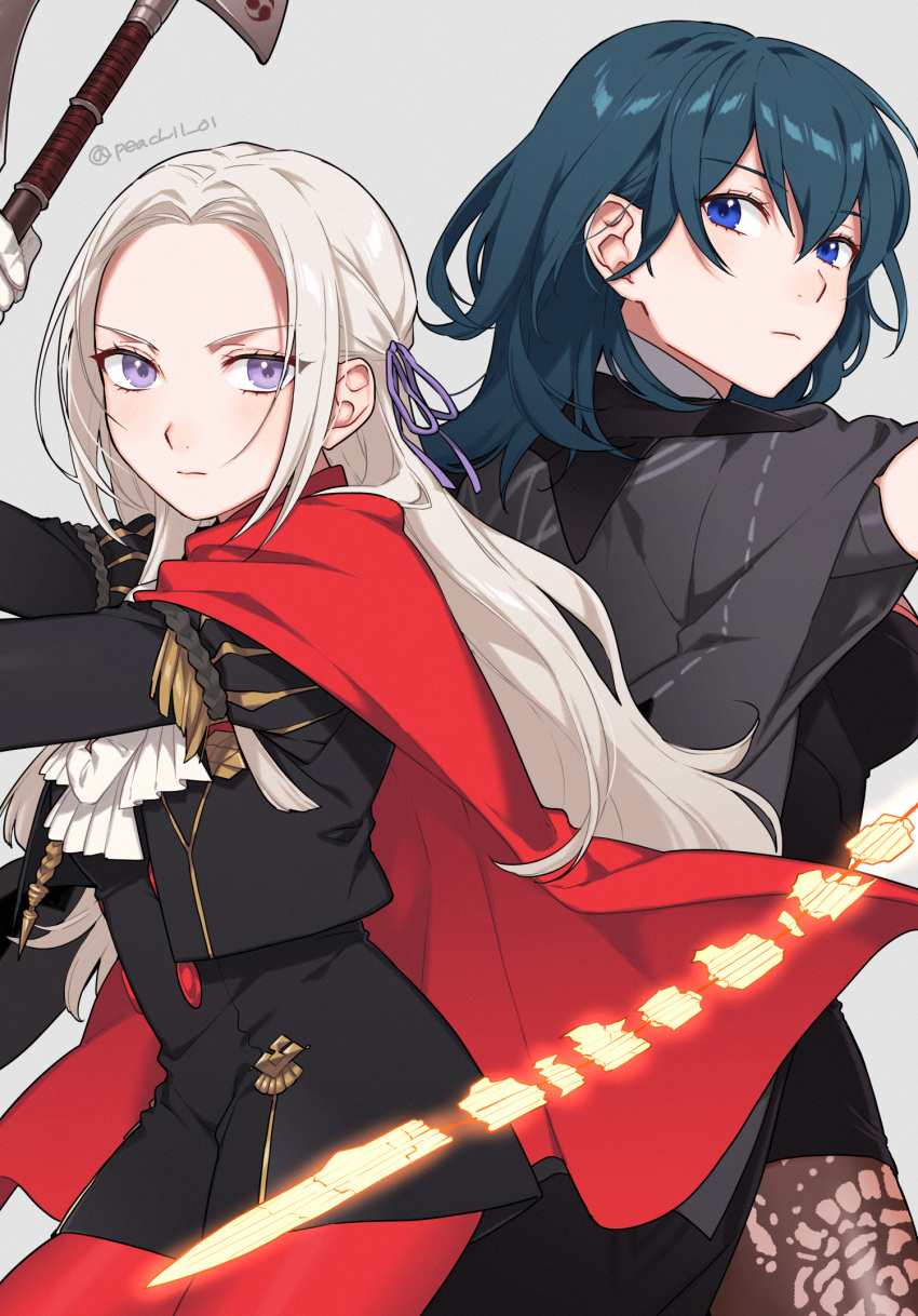 2girls axe back-to-back black_jacket black_shorts blue_eyes blue_hair byleth_(female)_(fire_emblem) byleth_(fire_emblem) commentary cowboy_shot edelgard_von_hresvelg fire_emblem fire_emblem:_three_houses garreg_mach_monastery_uniform grey_background hair_ribbon highres holding holding_axe holding_weapon jacket juliet_sleeves long_hair long_sleeves looking_at_viewer multiple_girls pantyhose peach11_01 puffy_sleeves purple_eyes purple_ribbon red_pantyhose ribbon shorts sidelocks simple_background standing sword_of_the_creator v-shaped_eyebrows very_long_hair weapon white_hair