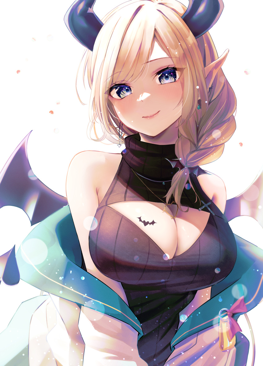 1girl 5to_rai absurdres bare_shoulders bat_tattoo blonde_hair braid breast_tattoo breasts cleavage cleavage_cutout closed_mouth clothing_cutout demon_girl demon_horns demon_wings earrings heart heart_necklace highres hololive horns jacket jewelry looking_at_viewer medium_hair necklace off-shoulder_jacket off_shoulder pointy_ears ribbed_sweater simple_background sleeveless sleeveless_turtleneck smile solo sweater tattoo turtleneck turtleneck_sweater virtual_youtuber white_background white_jacket wings yuzuki_choco yuzuki_choco_(6th_costume)