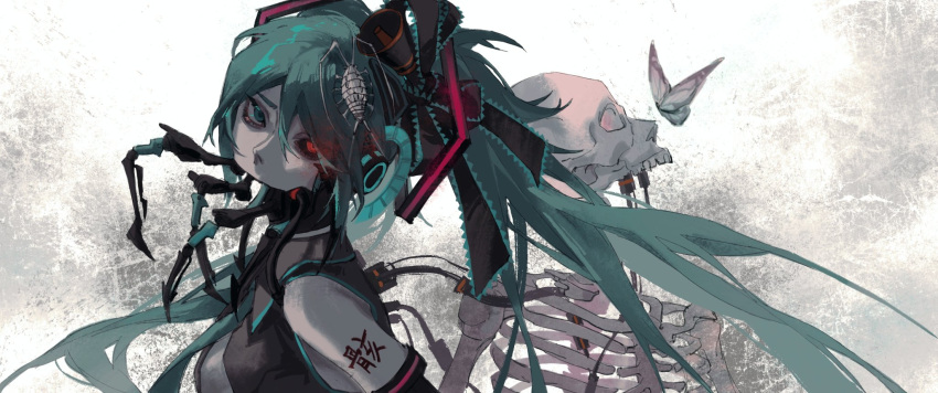 1girl android aqua_hair battery bone bug butterfly calne_ca cockroach crustacean hair_ribbon hatsune_miku heterochromia highres horror_(theme) insect_on_head isopod jiao_chang mandibles ribbon skeleton skull vocaloid