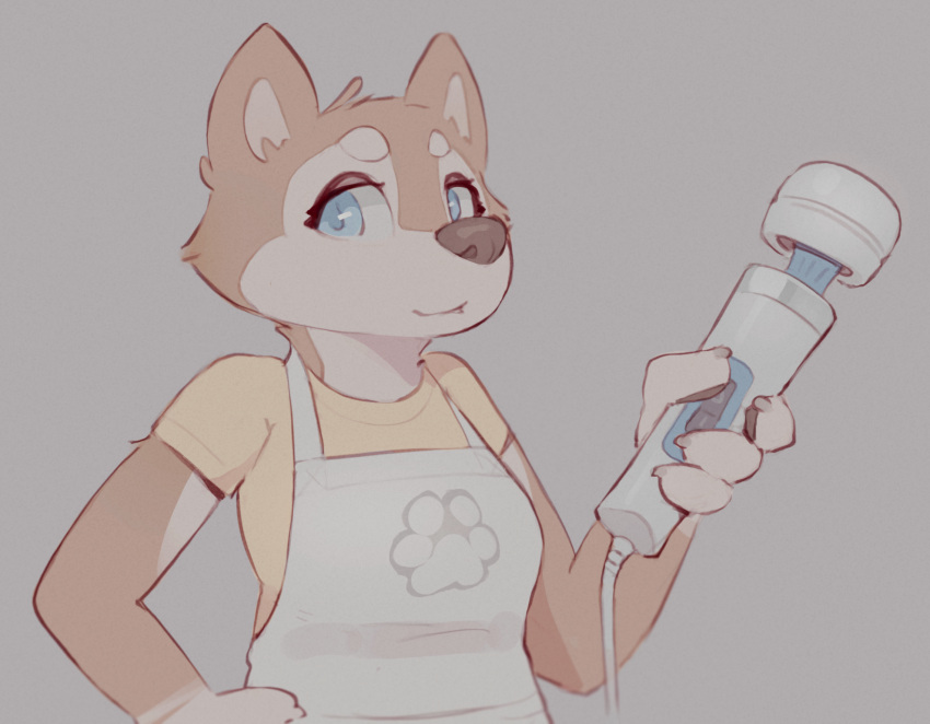 anthro apron blue_eyes canid canine canis clothed clothing domestic_dog female footprint fully_clothed grey_background hi_res hitachi_magic_wand husky looking_at_viewer mammal nordic_sled_dog pawprint sex_toy shaded shirt simple_background simple_shading skidoo solo spitz standing topwear vibrator wand_vibrator