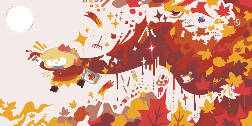 1girl :d autumn_leaves bird black_footwear blonde_hair bucket commentary flat_cap food fruit grapes hair_ornament hat highres inubashiri_momiji inubashiri_momiji_(wolf) leaf leaf_hair_ornament maple_leaf onbashira open_mouth paint_tube paintbrush painting_(action) palette_(object) pyonta red_shirt shameimaru_aya shameimaru_aya_(crow) shirt short_hair signature smile thatpebble touhou wolf yellow_eyes