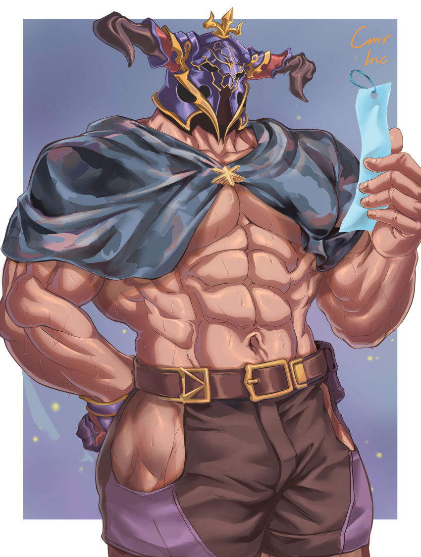 1boy abs absurdres bara belt black_gloves brown_belt brown_pants dark-skinned_male dark_skin draph fake_horns gloves granblue_fantasy helmet highres horned_helmet horns large_pectorals male_focus mimija1 muscular muscular_male navel pants pectorals single_glove solo vaseraga