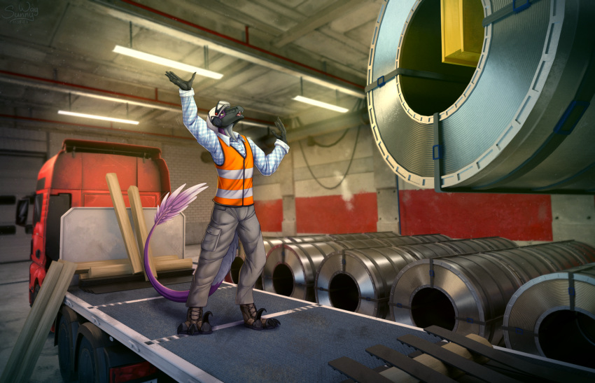 anthro at_work car clothing coiling costume digital_media_(artwork) dinosaur dromaeosaurid happy hi_res industrial male reptile scalie slice_of_life sunny_way surgical_operation theropod truck vehicle work working