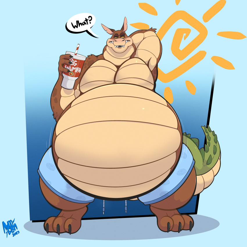 absurd_res activision anthro awoogasm belly beverage big_belly canid canine canis claws clothing crash_bandicoot_(series) crocodile crocodilian crocodylid digital_media_(artwork) dingo dingodile finger_claws hand_behind_head hi_res hybrid looking_at_viewer male mammal markings overweight overweight_anthro overweight_male pecs reptile scales scalie sharp_teeth simple_background solo spots spotted_markings standing swimming_trunks swimwear teeth yellow_eyes