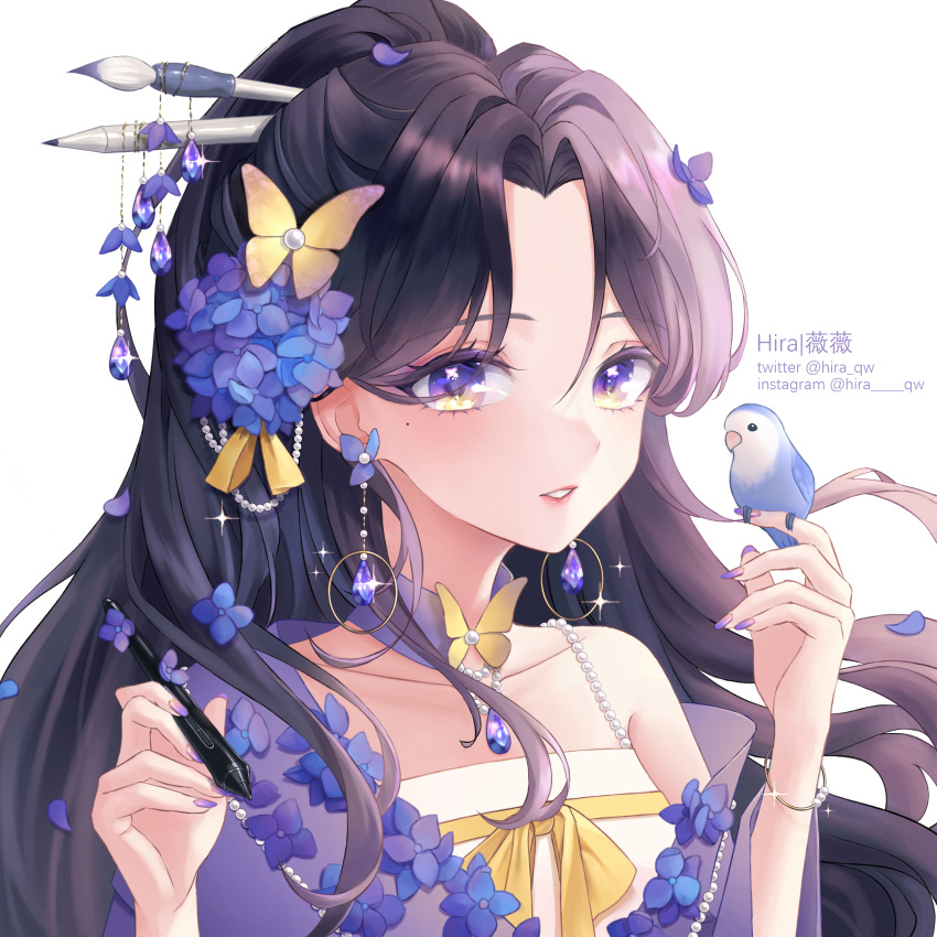 1girl absurdres artist_name bird butterfly_hair_ornament butterfly_ornament calligraphy_brush chinese_clothes flower hair_ornament hanfu highres hira_qw hydrangea instagram_username original paintbrush pencil purple_eyes purple_hair solo twitter_username white_background