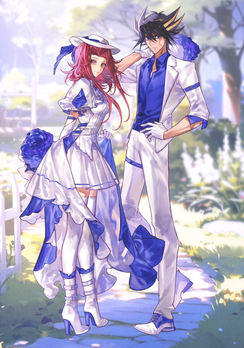 1boy 1girl absurdres arm_behind_back black_hair blonde_hair blue_flower blue_shirt blurry blurry_background boots bouquet collared_shirt day dress_shirt floating_hair flower fudou_yuusei full_body gloves hand_on_own_hip high_heels highres holding holding_bouquet izayoi_aki jacket looking_at_viewer miniskirt multicolored_hair naoki_(2rzmcaizerails6) open_clothes open_jacket outdoors pants pleated_skirt red_hair shirt short_hair_with_long_locks short_sleeves skirt spiked_hair standing thighhighs two-tone_hair white_footwear white_gloves white_jacket white_pants white_shirt white_skirt white_thighhighs wing_collar yu-gi-oh! yu-gi-oh!_5d's