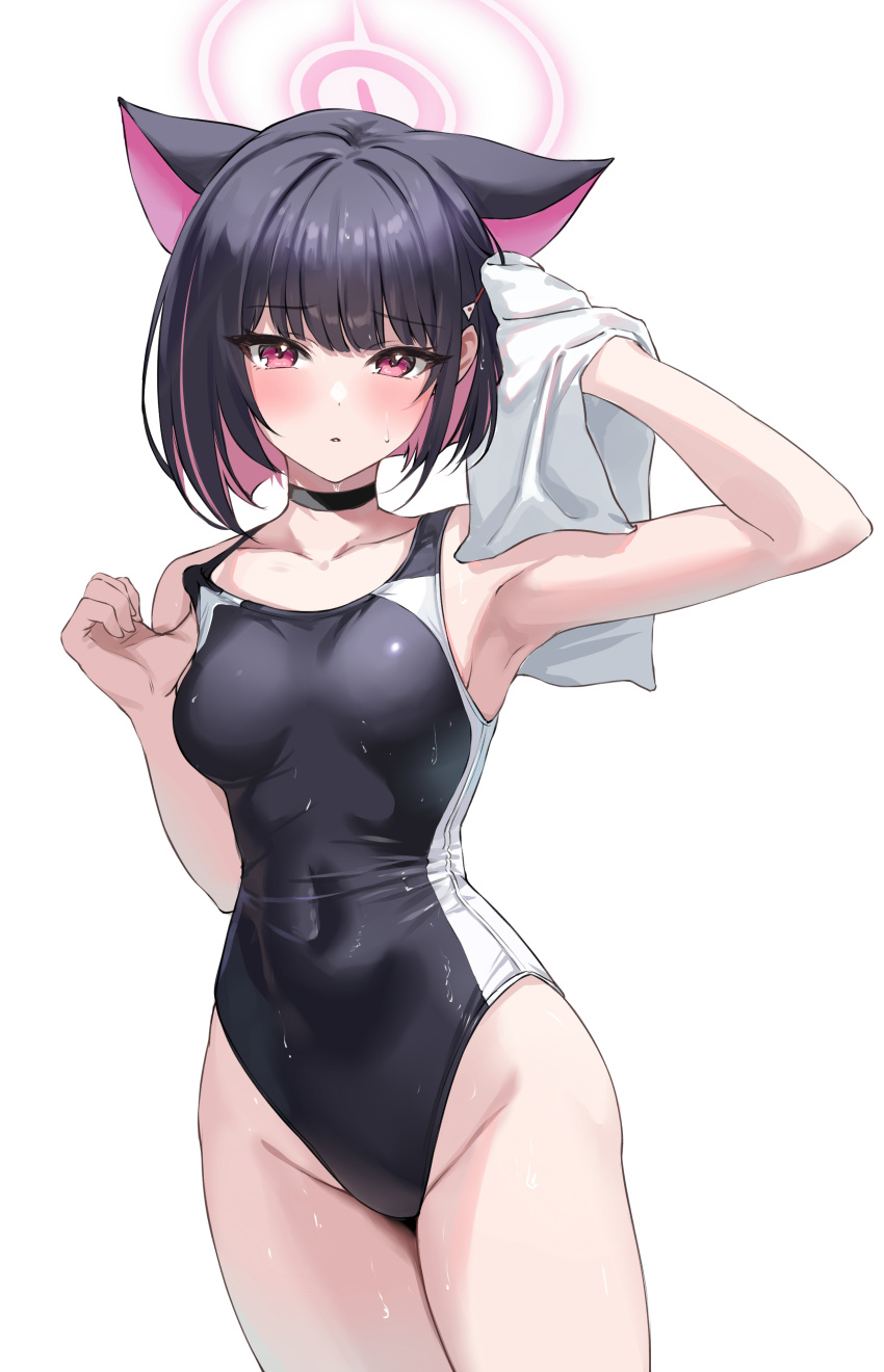 1girl absurdres animal_ears armpits black_choker black_hair black_one-piece_swimsuit blue_archive blush breasts choker collarbone commentary competition_swimsuit covered_navel extra_ears halo highres holding holding_towel kazusa_(blue_archive) kurokin looking_at_viewer medium_breasts one-piece_swimsuit short_hair simple_background solo swimsuit towel wet wet_hair white_background