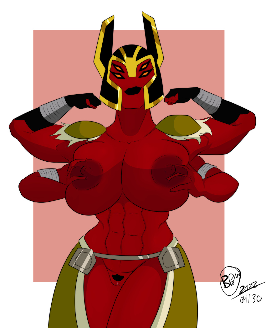 2022 4_arms absurd_res alien alien_humanoid armor ben_10 big_breasts breast_squeeze breasts bunbunmuffins cartoon_network female flexing front_view genitals headgear helmet hi_res humanoid looma_red_wind mostly_nude multi_arm multi_limb muscular muscular_female muscular_humanoid nipples portrait pubes pussy red_body red_nipples red_skin shoulder_pads solo standing tetramand three-quarter_portrait