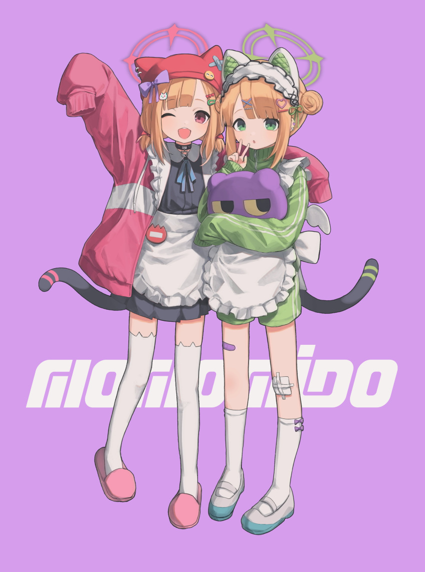 2girls :o absurdres animal_ears apron arm_up bandaid bandaid_on_leg black_choker black_shirt black_skirt blonde_hair blue_archive blue_bow blue_bowtie bow bowtie cat_ears cat_hair_ornament cat_tail choker commentary dot_nose double_bun drawstring ear_piercing fake_animal_ears full_body green_eyes green_jacket green_shorts hair_bun hair_ornament hairclip halo hand_up heart heart_hair_ornament highres holding_cushion jacket long_sleeves looking_at_viewer maid_apron maid_headdress midori_(blue_archive) momoi_(blue_archive) multiple_girls one_eye_closed open_clothes open_jacket open_mouth piercing pink_eyes pink_footwear pleated_skirt purple_background red_headwear shirt shoes short_hair short_twintails shorts siblings sidelocks skirt sleeves_past_fingers sleeves_past_wrists slippers smile socks standing sztxra tail thighhighs track_jacket twins twintails uwabaki v white_apron white_footwear white_socks white_thighhighs
