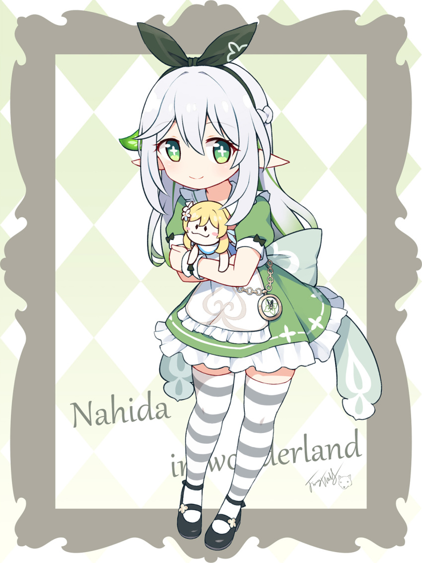 1girl alice_in_wonderland apron black_footwear braid character_doll closed_mouth commentary_request cross-shaped_pupils dress frilled_apron frilled_dress frills full_body genshin_impact green_dress green_eyes green_hair green_hairband green_ribbon grey_hair hair_ribbon hairband highres hugging_doll hugging_object langbazi long_hair lumine_(genshin_impact) multicolored_hair nahida_(genshin_impact) pocket_watch puffy_short_sleeves puffy_sleeves ribbon shoes short_sleeves signature smile solo standing streaked_hair striped striped_thighhighs symbol-shaped_pupils thighhighs very_long_hair watch white_apron