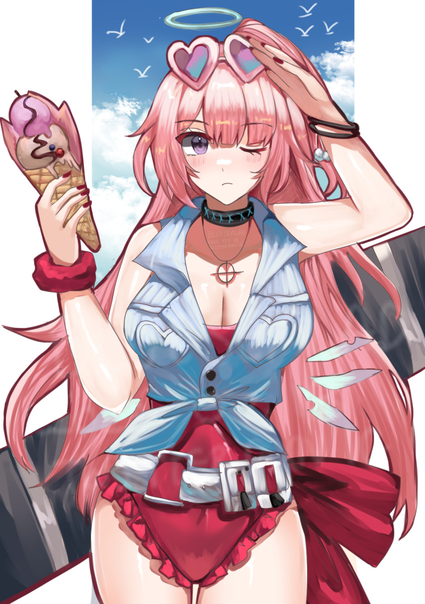 1girl ambriel_(arknights) ambriel_(holiday)_(arknights) arknights belt blue_sealad blue_sky breasts choker cleavage collarbone covered_navel cowboy_shot cross cross_necklace eyewear_on_head food front-tie_top halo heart heart-shaped_eyewear highleg highleg_swimsuit highres holding holding_food holding_ice_cream ice_cream ice_cream_cone jewelry large_breasts light_blush long_hair looking_at_viewer messy_hair necklace one-piece_swimsuit one_eye_closed pink_eyes pink_hair ponytail red_one-piece_swimsuit shiny_skin sky sunglasses swimsuit very_long_hair wristband