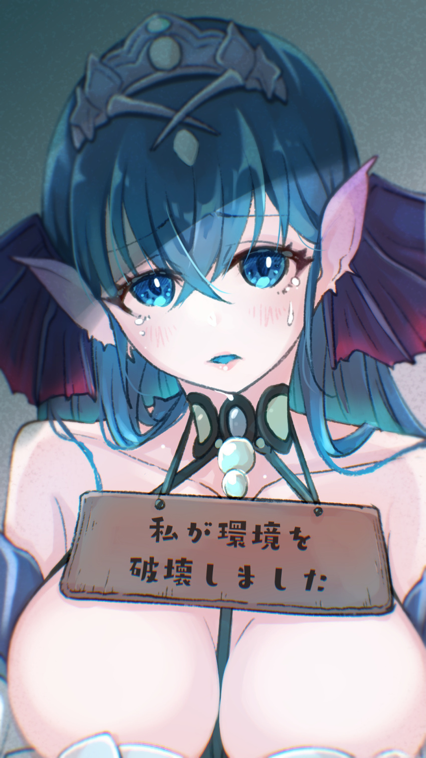 1girl azumari_(az_mary0502) between_breasts blue_eyes blue_tongue breasts cleavage close-up colored_tongue commentary crying crying_with_eyes_open duel_monster fins head_fins highres large_breasts long_hair looking_at_viewer sign sign_around_neck siren_(mythology) solo strap_between_breasts tearing_up tearlaments_kitkallos tears tiara translated very_long_hair white_hair yu-gi-oh! yu-gi-oh!_master_duel