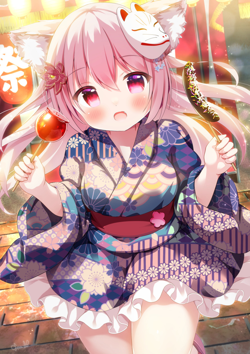 1girl animal_ears blush candy_apple cat_ears chocolate_banana commentary_request cowboy_shot fang floral_print floral_print_kimono food fox_mask frills hair_between_eyes hair_ornament hands_up highres holding holding_food japanese_clothes kimono kotoriifu long_sleeves looking_at_viewer mask mask_on_head original outdoors pink_eyes pink_hair revision sash solo summer_festival thighs wide_sleeves yukata