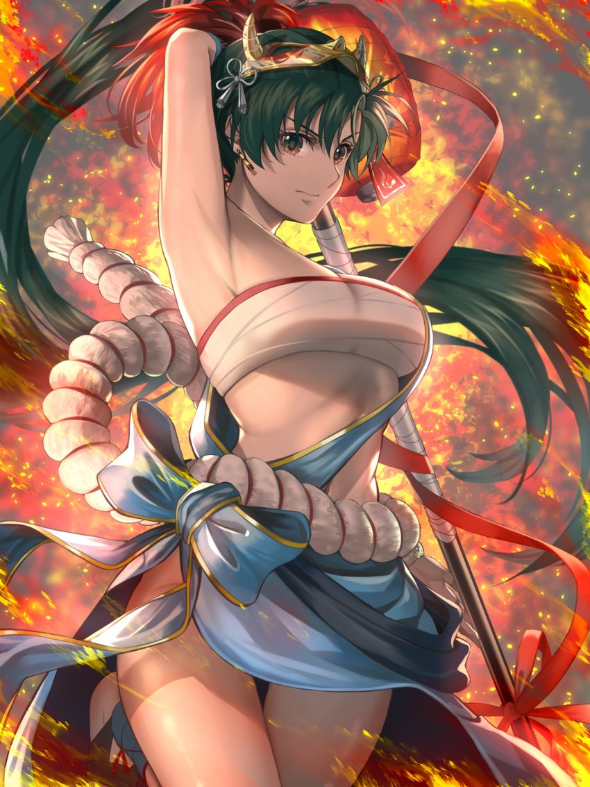 1girl alternate_costume armpits bandages bandeau bare_shoulders bow breasts chest_sarashi closed_mouth commentary_request cowboy_shot delsaber earrings fire fire_emblem fire_emblem:_the_blazing_blade fire_emblem_heroes gold_trim grey_hair hair_ornament high_ponytail highres holding holding_weapon japanese_clothes jewelry leg_up lips long_hair lyn_(fire_emblem) lyn_(flame)_(fire_emblem) mask mask_on_head medium_breasts midriff navel official_alternate_costume polearm rope sarashi shimenawa shiny_skin simple_background standing stomach strapless thighs tube_top weapon