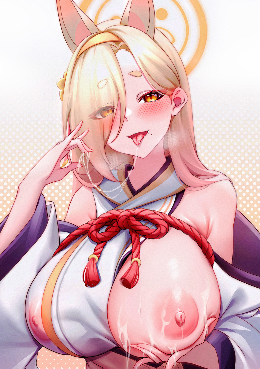 1girl absurdres animal_ears bare_shoulders blonde_hair blue_archive blush breasts covered_nipples cum cum_on_body cum_on_breasts cum_string detached_sleeves eyeshadow fang fox_ears hair_over_one_eye hairband halo highres japanese_clothes kaho_(blue_archive) kimono large_breasts long_hair looking_at_viewer makeup mole mole_under_mouth nipples one_breast_out pink_eyeshadow sleeveless sleeveless_kimono solo st_r thick_eyebrows tongue tongue_out wide_sleeves yellow_eyes yellow_hairband