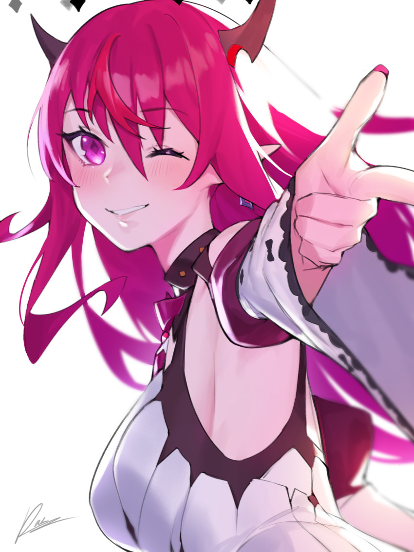 breasts dasdokter detached_collar detached_sleeves dress earrings highres hololive hololive_english horns irys_(hololive) irys_(irys_2.0)_(hololive) jewelry long_hair multicolored_hair nail_polish one_eye_closed pink_eyes pink_nails pointy_ears purple_hair red_hair smile virtual_youtuber white_background