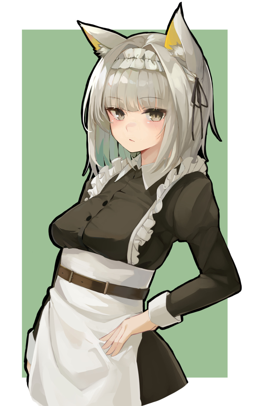 1girl animal_ear_fluff animal_ears apron arknights black_dress breasts brown_eyes character_request closed_mouth collared_dress dress frilled_apron frills green_background grey_hair hand_on_own_hip highres idashige_(walkietalkie) juliet_sleeves long_sleeves looking_at_viewer medium_breasts puffy_sleeves solo two-tone_background white_apron white_background