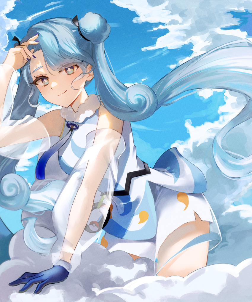 1girl absurdres bare_shoulders blue_gloves blue_hair blue_sky chouxdb cloud detached_sleeves double_bun eyeshadow flying_miku_(project_voltage) gloves gradient_hair hair_bun hand_on_own_forehead hatsune_miku highres long_hair looking_at_viewer makeup multicolored_hair pokemon project_voltage see-through see-through_shorts see-through_sleeves shorts shorts_under_shorts single_glove sky smile twintails very_long_hair vocaloid wind_chime