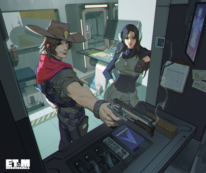 1boy 1girl ana_(overwatch) artist_name belt black_belt black_gloves black_hair black_pants black_shirt bulletproof_vest cassidy_(overwatch) closed_mouth cowboy_hat crop_top et.m fingerless_gloves gloves green_shirt gun hat highres holding holding_gun holding_weapon jewelry long_hair necklace overwatch overwatch_1 pants shirt short_hair smile weapon