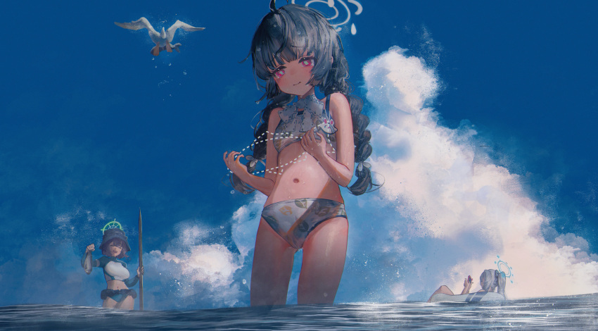 3girls ^_^ ahoge animal betabeet bird black_hair blue_archive blue_sky braid breasts bright_pupils bucket_hat closed_eyes cloud dotted_line fish flying_sweatdrops food_theft halo harpoon hat highres holding holding_animal holding_fish holding_phone holding_weapon innertube miyako_(blue_archive) miyako_(swimsuit)_(blue_archive) miyu_(blue_archive) miyu_(swimsuit)_(blue_archive) multiple_girls navel official_alternate_costume on_innertube petite phone rash_guard red_eyes saki_(blue_archive) saki_(swimsuit)_(blue_archive) seagull sitting sky small_breasts smile tears twin_braids wading weapon