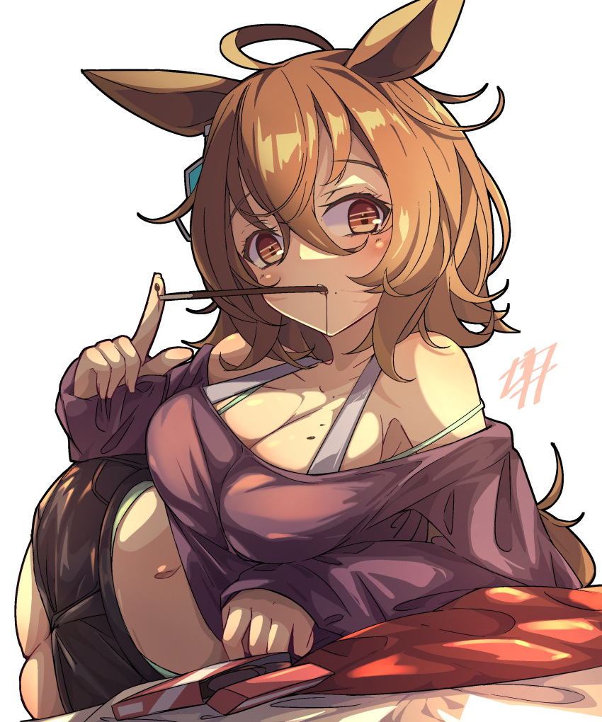1girl absurdres agnes_tachyon_(umamusume) ahoge animal_ears black_shorts breasts brown_eyes brown_hair cleavage ear_ornament food_in_mouth highres horse_ears horse_girl horse_tail looking_at_viewer lying medium_breasts messy_hair navel off-shoulder_shirt off_shoulder on_side pocky_day pocky_in_mouth purple_shirt shirt short_shorts shorts simple_background sleeves_past_wrists solo tail umamusume white_background woruta_(soloistlist)
