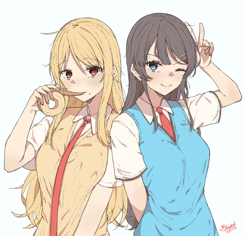 2girls ;) absurdres arm_behind_back black_hair blonde_hair blue_eyes blue_sweater_vest closed_mouth collared_shirt commentary_request creator_connection crossover haekel hair_ornament hairclip hand_up highres long_hair looking_at_viewer mole mole_under_mouth multiple_girls necktie one_eye_closed red_eyes red_necktie sakura-sou_no_pet_na_kanojo sakurajima_mai school_uniform seishun_buta_yarou shiina_mashiro shirt short_sleeves smile sweater_vest v white_shirt yellow_sweater_vest