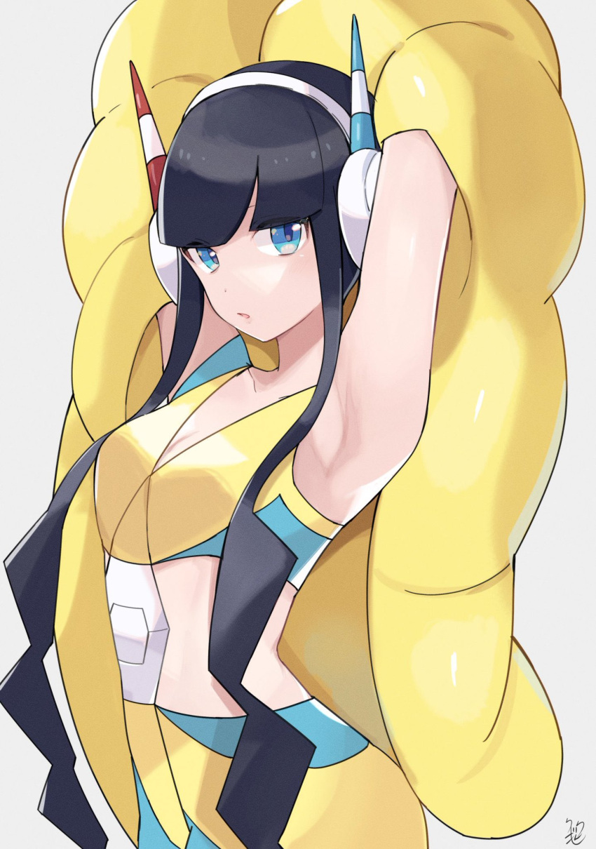 1girl :o armpits arms_up bike_shorts black_hair blue_eyes blunt_bangs buckle crop_top elesa_(pokemon) headphones highres jacket pokemon pokemon_(game) pokemon_bw2 ririmon short_hair_with_long_locks sidelocks signature simple_background solo sports_bra white_background yellow_jacket