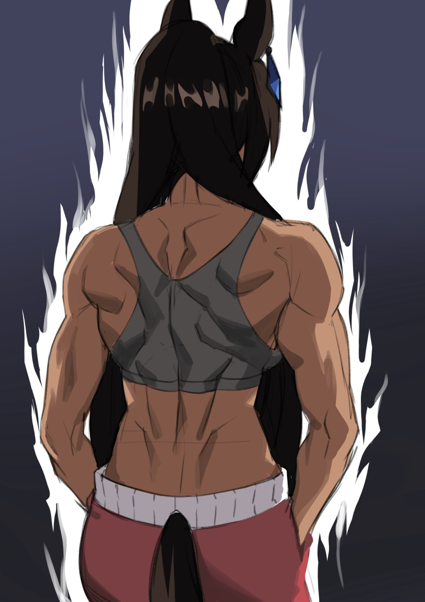 1girl animal_ears aura back bare_shoulders black_hair commentary cowboy_shot earrings from_behind fukuro_(maruaru00) gradient_background grey_background grey_tank_top hands_in_pockets highres horse_ears horse_girl jewelry long_hair median_furrow muscular muscular_female nape shoulder_blades single_earring solo sports_bra symboli_kris_s_(umamusume) tail tail_through_clothes tank_top umamusume