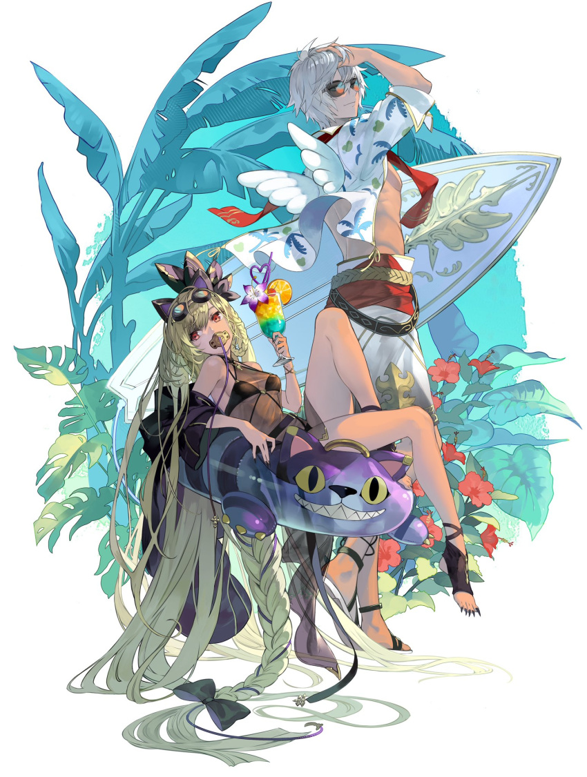 1boy 1girl absurdly_long_hair animal_ears arm_up bare_shoulders belt black_jacket black_one-piece_swimsuit blonde_hair bow breasts cat_ears cleavage closed_mouth cocktail_glass crazy_straw cup drinking_glass drinking_straw fake_animal_ears floating flower goggles goggles_on_head granblue_fantasy grey_hair hair_bow hand_in_own_hair helel_ben_shalem highres holding holding_cup innertube jacket long_hair looking_to_the_side lucio_(granblue_fantasy) multicolored_hair off_shoulder one-piece_swimsuit open_clothes open_shirt osamu_(jagabata) pacifier red_eyes sandals see-through_swimsuit sharp_toenails shirt short_hair shorts sitting sleeves_rolled_up small_breasts smile standing stirrup_legwear streaked_hair sunglasses surfboard swimsuit toeless_legwear toenails very_long_hair white_shirt white_shorts wings