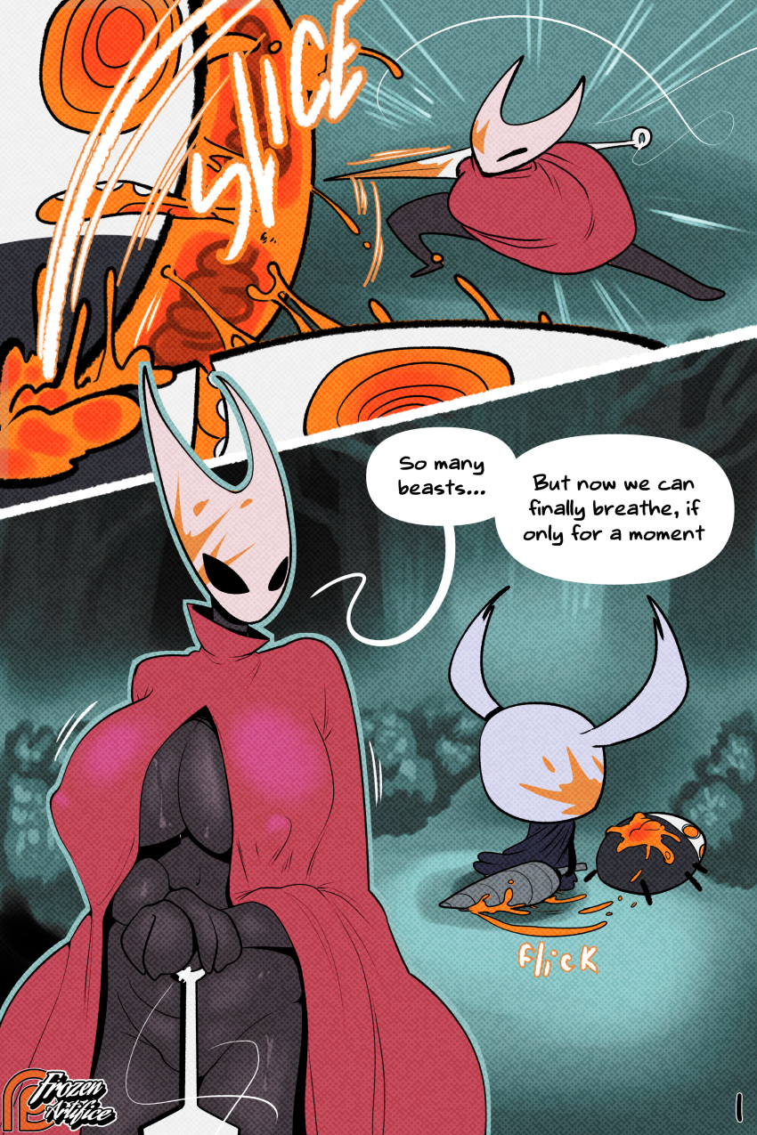 2023 absurd_res arthropod battle big_breasts big_butt black_body blood bodily_fluids breasts butt cape clothing comic cover cover_art cover_page dark_body dark_skin dialogue digital_media_(artwork) english_text female fighting_pose frozenartifice headgear hi_res hollow_knight hollow_knight_(character) horn hornet_(hollow_knight) huge_breasts hyper hyper_breasts insect male mask melee_weapon nipples nude pose protagonist_(hollow_knight) size_difference speech_bubble team_cherry text thick_thighs unusual_blood unusual_bodily_fluids vessel_(species) weapon wide_hips