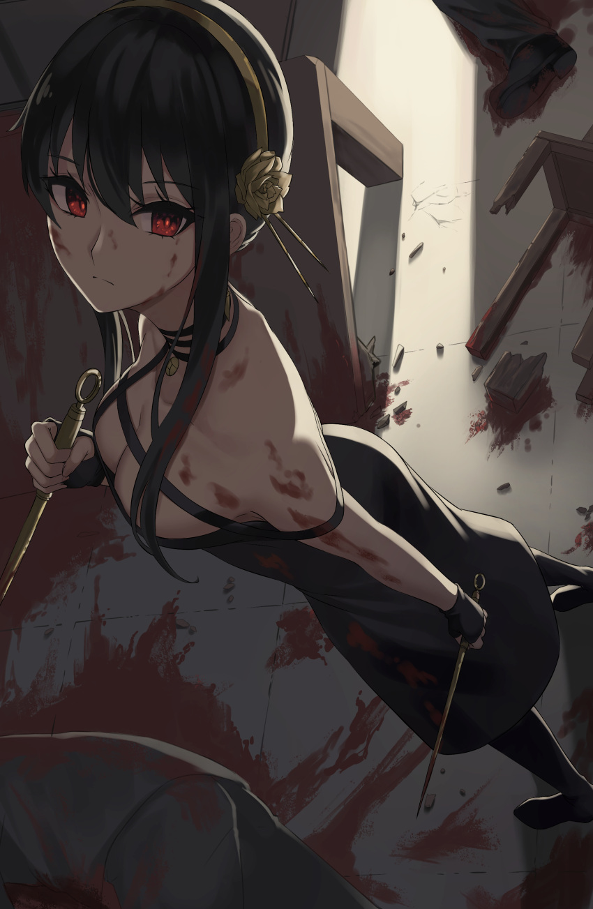 1girl absurdres black_dress black_gloves black_hair blood blood_in_hair blood_on_arm blood_on_body blood_on_chest blood_on_face breasts broken_furniture cleavage corpse dagger dress dual_wielding fingerless_gloves gloves gold_hairband hairband highres holding holding_weapon kiukoma knife long_hair red_eyes sidelocks sleeveless sleeveless_dress solo spy_x_family stiletto_(weapon) weapon yor_briar