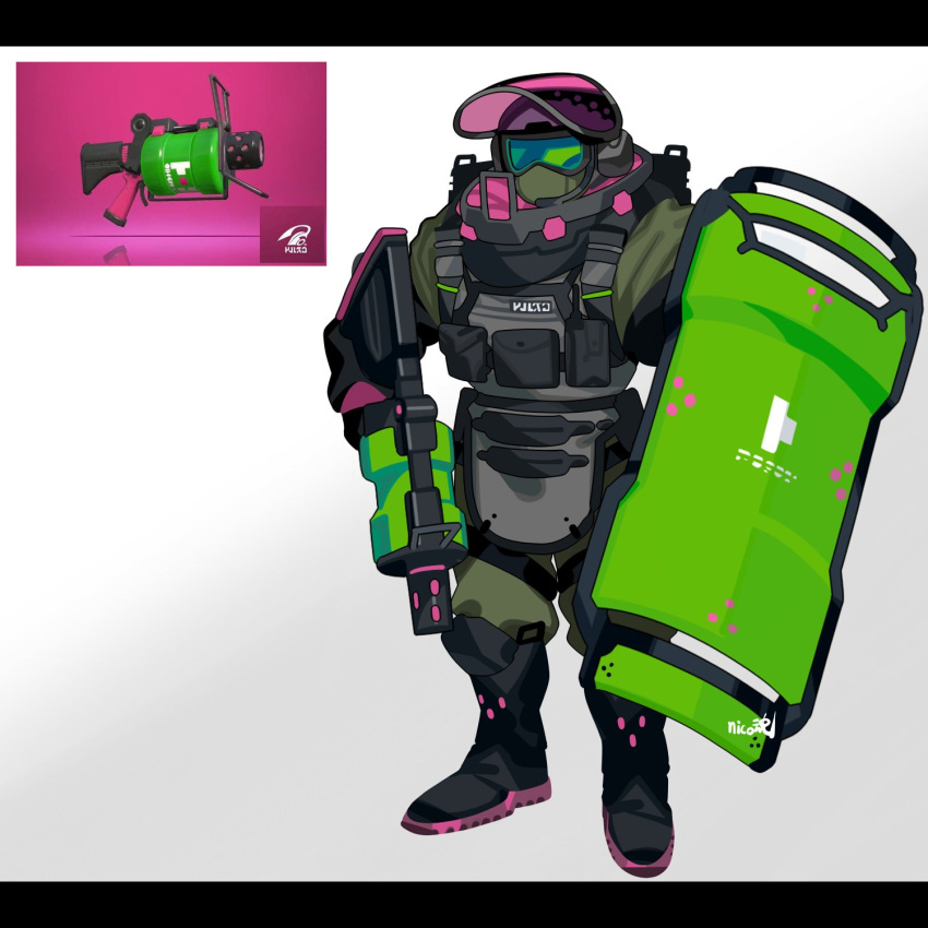 .52_gal_(splatoon) 1boy black_footwear boots full_body goggles gun headphones headset highres holding holding_gun holding_shield holding_weapon letterboxed male_focus personification pouch reference_inset shield sido_(slipknot) simple_background solo splatoon_(series) standing weapon