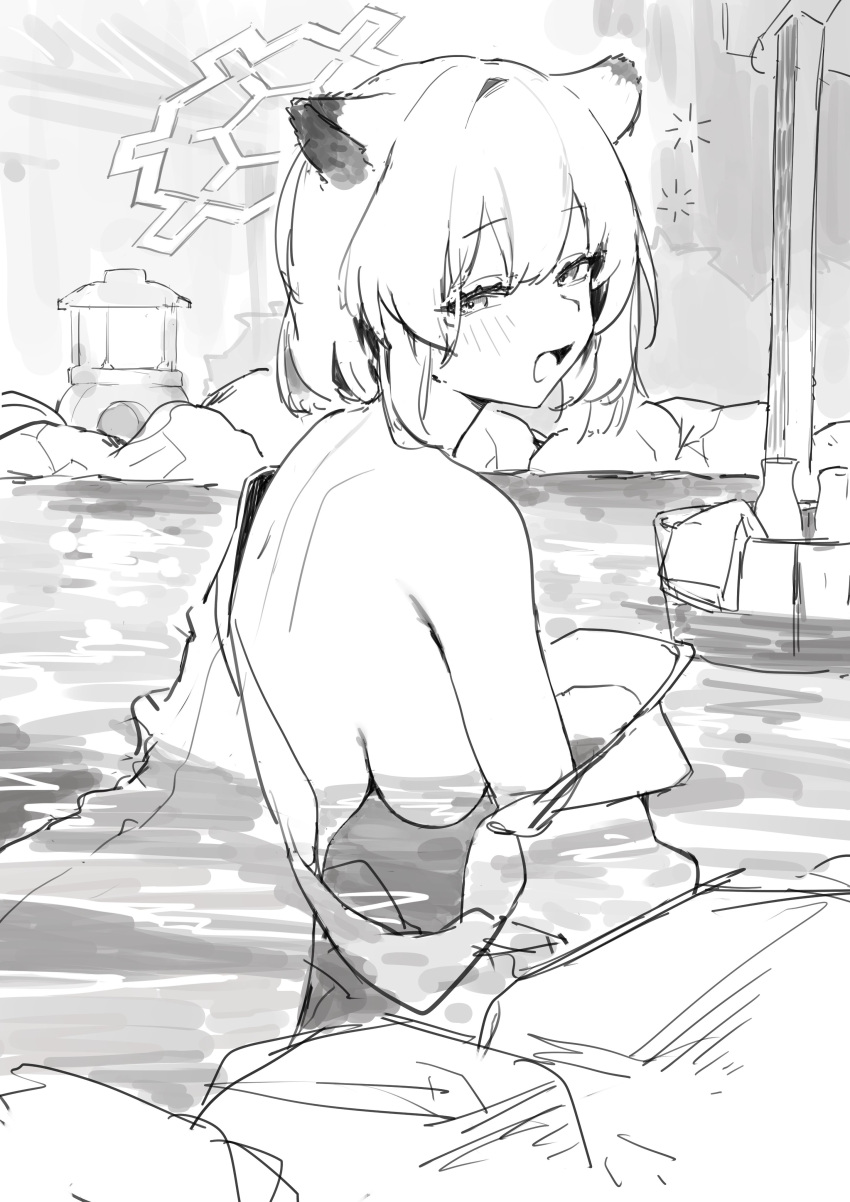 1girl absurdres animal_ears ass blue_archive blush breasts bucket drunk greyscale halo highres large_breasts looking_at_viewer mark_jin monochrome onsen open_mouth outdoors partially_submerged rock shigure_(blue_archive) shigure_(hot_spring)_(blue_archive) sketch solo water weasel_ears weasel_girl