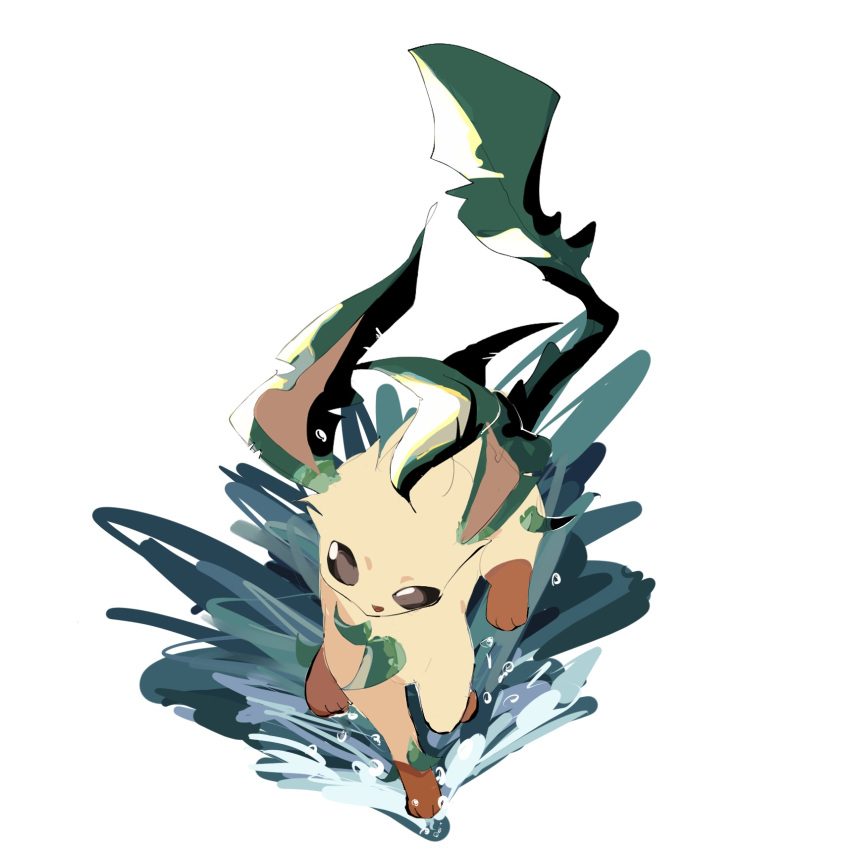 animal_focus brown_eyes commentary full_body highres leaf leafeon looking_at_viewer no_humans notched_ear pokemon pokemon_(creature) running running_towards_viewer simple_background sketch solo splashing standing takashi_(pixiv_80298118) water white_background