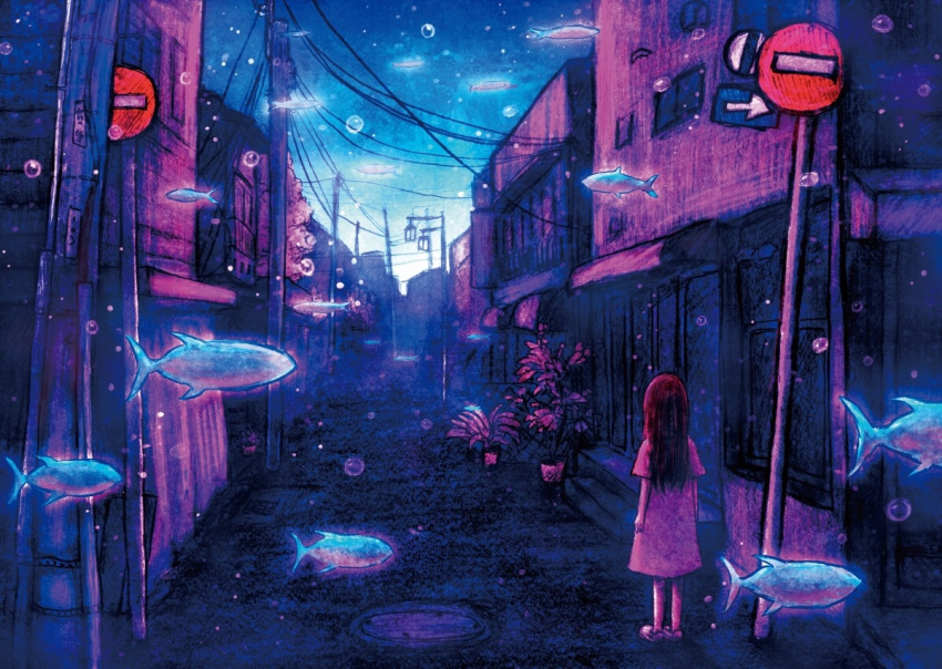 1girl air_bubble brown_hair bubble building facing_away fish flying_fish lamppost long_hair neon_palette original power_lines road road_sign satomi_kazunori scenery shirt sign solo standing stop_sign street underwater_city utility_pole window