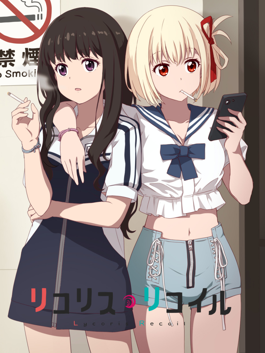 2girls black_hair blonde_hair blue_bow blue_bowtie blue_dress blue_sailor_collar blue_shorts bob_cut bow bowtie bracelet breasts cellphone cigarette cleavage collarbone commentary copyright_name cowboy_shot crop_top crop_top_overhang cropped_shirt dress hair_ribbon highres holding holding_cigarette holding_phone inoue_takina jewelry laofuzi_dai_bansho long_hair looking_at_phone lycoris_recoil medium_breasts midriff multiple_girls navel nishikigi_chisato no_smoking one_side_up open_mouth phone puffy_short_sleeves puffy_sleeves purple_eyes red_eyes red_ribbon ribbon sailor_collar shirt short_hair short_sleeves shorts sidelocks smartphone smoke smoking white_shirt yuri