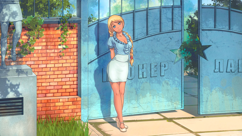 1girl blonde_hair braid breasts brick_wall cleavage everlasting_summer gate highres long_hair open_gate outdoors russian_text shadow slavya-chan solo standing star_(symbol) statue translation_request