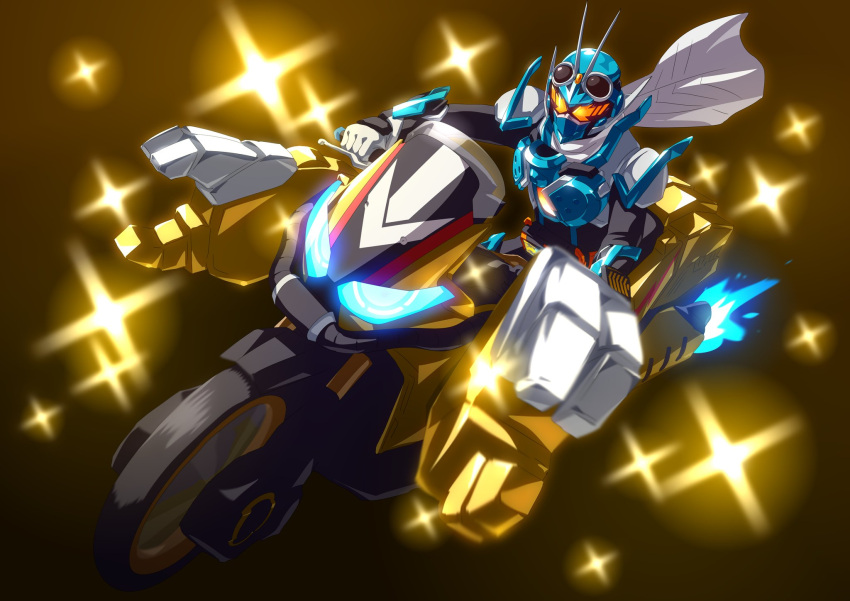 1boy black_bodysuit blue_armor blue_eyes blue_fire bodysuit fire gloves glowing glowing_eyes goggles golddash gotcha_driver highres kamen_rider kamen_rider_gotchard kamen_rider_gotchard_(series) male_focus motor_vehicle motorcycle orange_eyes otokamu rider_chemi_card riding scarf sparkle tokusatsu white_gloves white_scarf