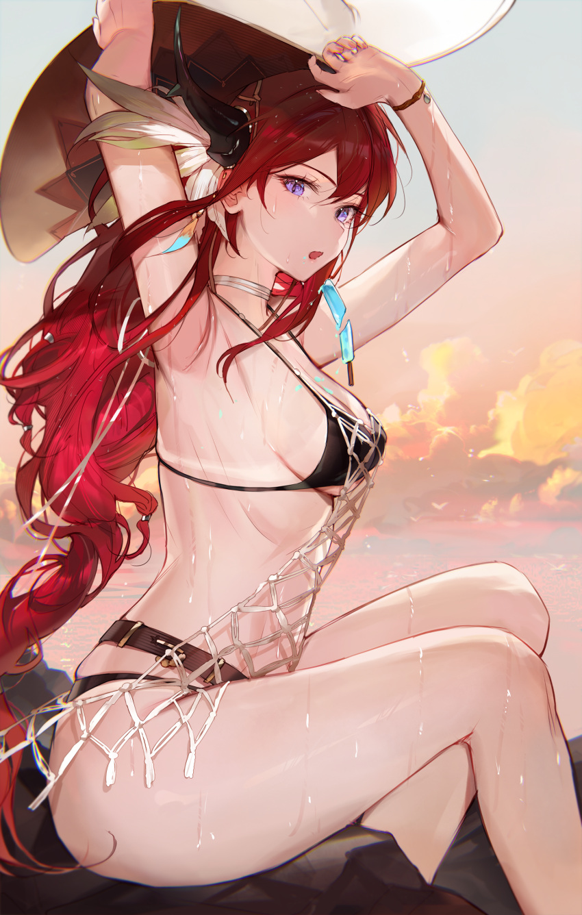 1girl absurdres arknights armpits arms_up bikini black_bikini breasts choker cloud demon_horns feather_hair_ornament feathers food from_side hair_ornament hat highres horns long_hair looking_at_viewer medium_breasts open_mouth popsicle purple_eyes qiandaiyiyu red_hair rock sideboob sitting sky sun_hat surtr_(arknights) swimsuit thighs very_long_hair wet white_headwear