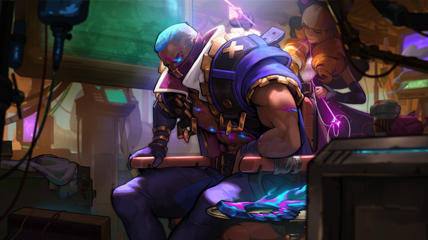 1boy 1girl abs animal_ears blonde_hair brown_hair chair dark-skinned_male dark_skin detached_sleeves dress drill_hair fake_animal_ears glowing glowing_eye gwen_(league_of_legends) highres holding_sewing_needle indoors league_of_legends long_hair mask mouth_mask muscular muscular_male official_art pants pyke_(league_of_legends) short_hair sitting soul_fighter_gwen soul_fighter_pyke table television third-party_source twin_drills very_short_hair weapon