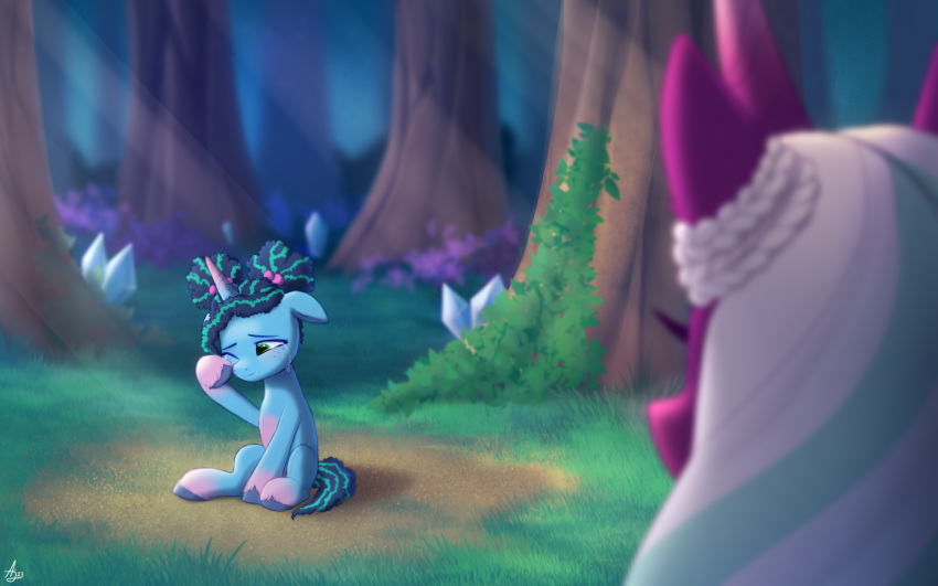 blue_body blue_fur bodily_fluids braided_hair equid equine female forest fur hair hasbro hi_res hooves horn luminousdazzle mammal misty_(g5) mlp_g5 my_little_pony opaline_(mlp) pink_body pink_fur plant purple_body purple_fur sitting sun_rays tears tree unicorn upset young