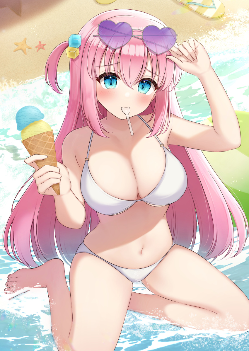 1girl absurdres bare_legs barefoot beach bikini blue_eyes blush bocchi_the_rock! breasts cleavage closed_mouth cube_hair_ornament eyewear_on_head feet fingernails food gotoh_hitori grey-framed_eyewear hair_between_eyes hair_ornament heart heart-shaped_eyewear highres holding holding_food holding_ice_cream ice_cream ice_cream_cone large_breasts legs long_bangs long_hair looking_at_viewer navel o-ring o-ring_bikini ocean one_side_up outdoors pink_hair purple-tinted_eyewear sand sandals sandals_removed sitting solo spoon starfish stomach striped striped_footwear sunglasses swimsuit thighs tinted_eyewear toenails toes utensil_in_mouth water white_bikini yellow_footwear yokozuwari yukiunag1