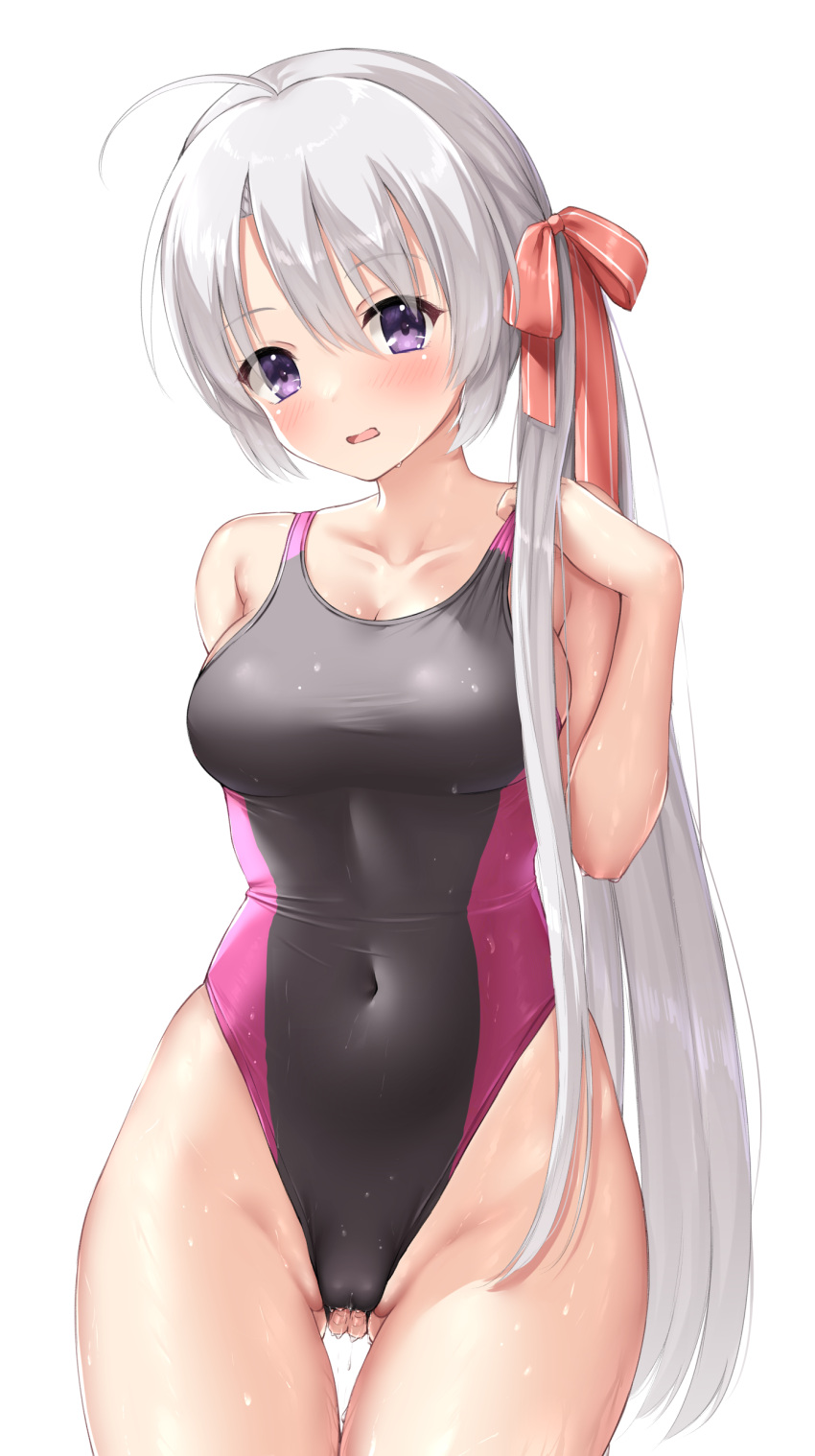 1girl absurdres adjusting_clothes adjusting_swimsuit ahoge alternate_hairstyle ass_visible_through_thighs ayachi_nene bare_arms bare_shoulders black_one-piece_swimsuit blush breasts cameltoe cleavage collarbone commentary competition_swimsuit covered_navel cowboy_shot curvy double-parted_bangs eyelashes eyes_visible_through_hair female_masturbation fingering fingering_from_behind fingering_through_clothes fingernails groin hair_between_eyes hair_ribbon hand_up head_tilt highleg highres large_breasts long_hair looking_at_viewer masturbation masturbation_from_behind masturbation_through_clothes midriff ncontrail_(mgax7527) one-piece_swimsuit open_mouth partially_visible_vulva purple_eyes purple_one-piece_swimsuit pussy_juice red_ribbon ribbon sanoba_witch shy side_ponytail sidelocks simple_background skindentation solo standing straight_hair swimsuit thigh_gap thighs through_clothes two-tone_swimsuit very_long_hair wet white_background white_hair
