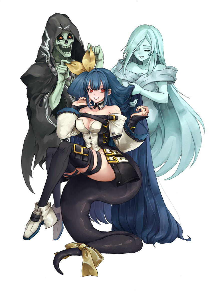 1girl :d ^_^ absurdres asymmetrical_wings belt black_panties black_thighhighs blue_hair breasts choker cleavage closed_eyes closed_mouth clothing_cutout collarbone detached_collar detached_sleeves dizzy_(guilty_gear) ebi_pri_shrimp full_body guilty_gear guilty_gear_xrd hair_between_eyes hair_down hair_ribbon hair_rings high_heels highres large_breasts long_hair long_sleeves looking_at_viewer mature_female monster_girl mundane_utility navel necro_(guilty_gear) off_shoulder open_mouth panties red_eyes ribbon sidelocks simple_background sitting_on_own_tail smile solo sparkle tail tail_support thick_thighs thigh_strap thighhighs thighs twintails underwear undine_(guilty_gear) white_background wide_sleeves wings yellow_ribbon