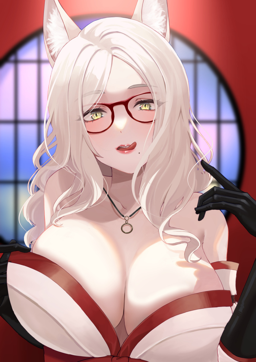 1girl animal_ear_fluff animal_ears bare_shoulders black_gloves blurry blurry_background breasts cleavage collarbone copyright_request detached_sleeves dress elbow_gloves glasses gloves highres jewelry large_breasts long_hair mole mole_under_mouth necklace ramachiru red-framed_eyewear sleeveless sleeveless_dress solo strapless strapless_dress tongue upper_body white_hair white_sleeves window yellow_eyes
