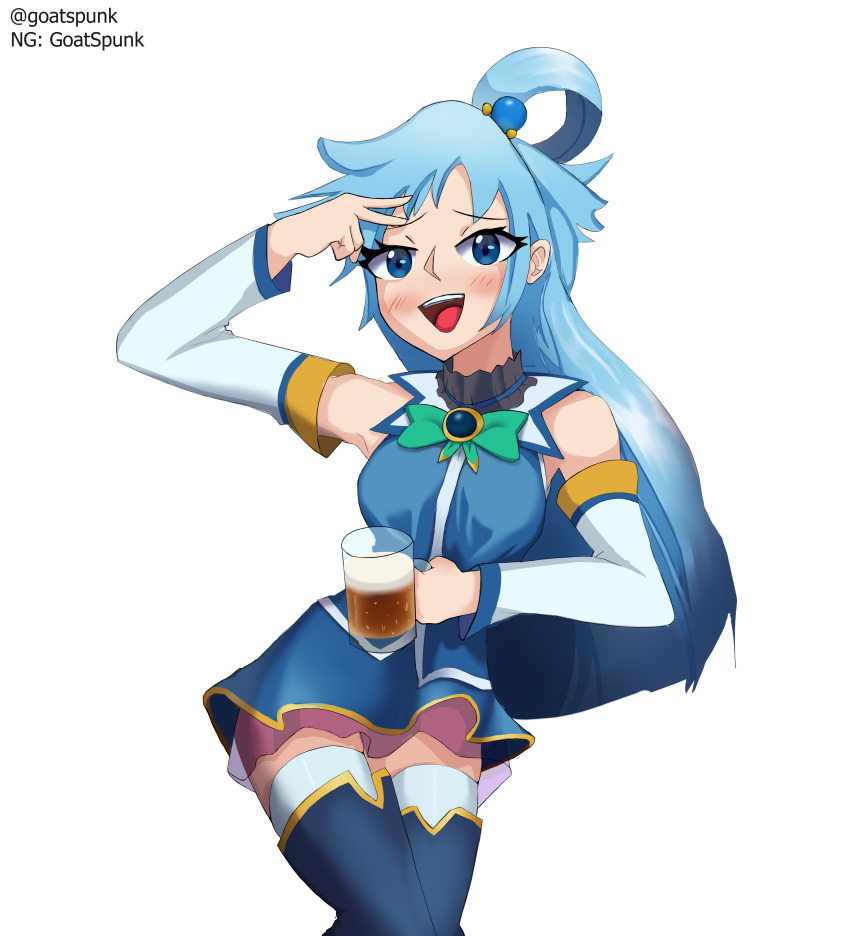 1girl absurdres alcohol aqua_(konosuba) beer_mug blush clothes cup full_body hands_on_own_face happy highres kono_subarashii_sekai_ni_shukufuku_wo! looking_at_viewer mug non-web_source solo