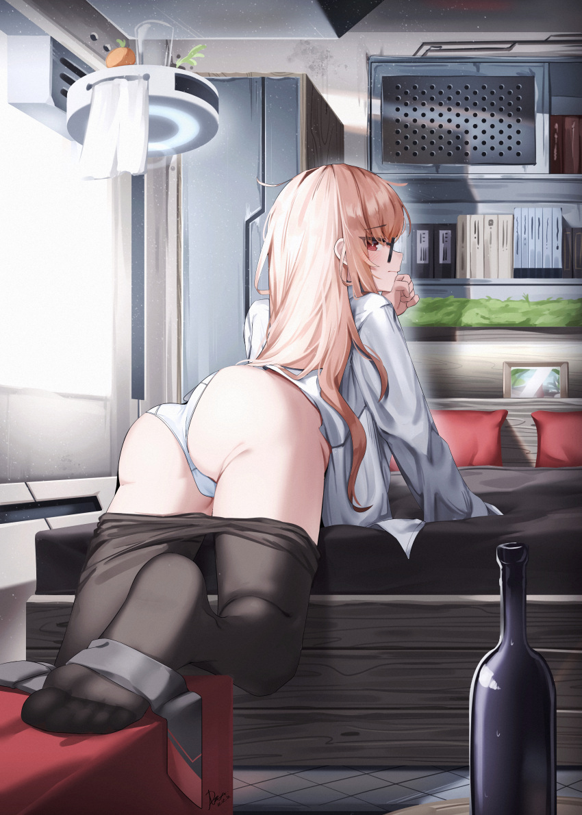 1girl absurdres all_fours alternate_costume ass bed bedroom black-framed_eyewear blonde_hair closed_mouth clothes_pull di_le_to feet from_behind girls'_frontline glasses grey_pantyhose highres indoors long_hair long_sleeves looking_at_viewer looking_back on_bed panties pantyhose pantyhose_pull profile red_eyes shirt soles solo thighband_pantyhose thighs toes type_80_(girls'_frontline) underwear white_panties white_shirt