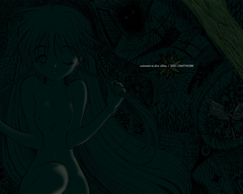 1girl abstract_background ahoge braid breasts completely_nude copyright_name dark holding holding_hair long_hair looking_at_viewer medium_breasts monochrome nagaoka_kenzou non-web_source nude official_art official_wallpaper one_eye_closed parted_lips sayonara_wo_oshiete side_braids smile solo sugamo_mutsuki upper_body very_long_hair